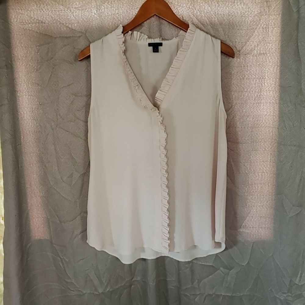 Ann Taylor Blouse Womens M White V Neck Sleeveless Ruffle Woven Tunic Top